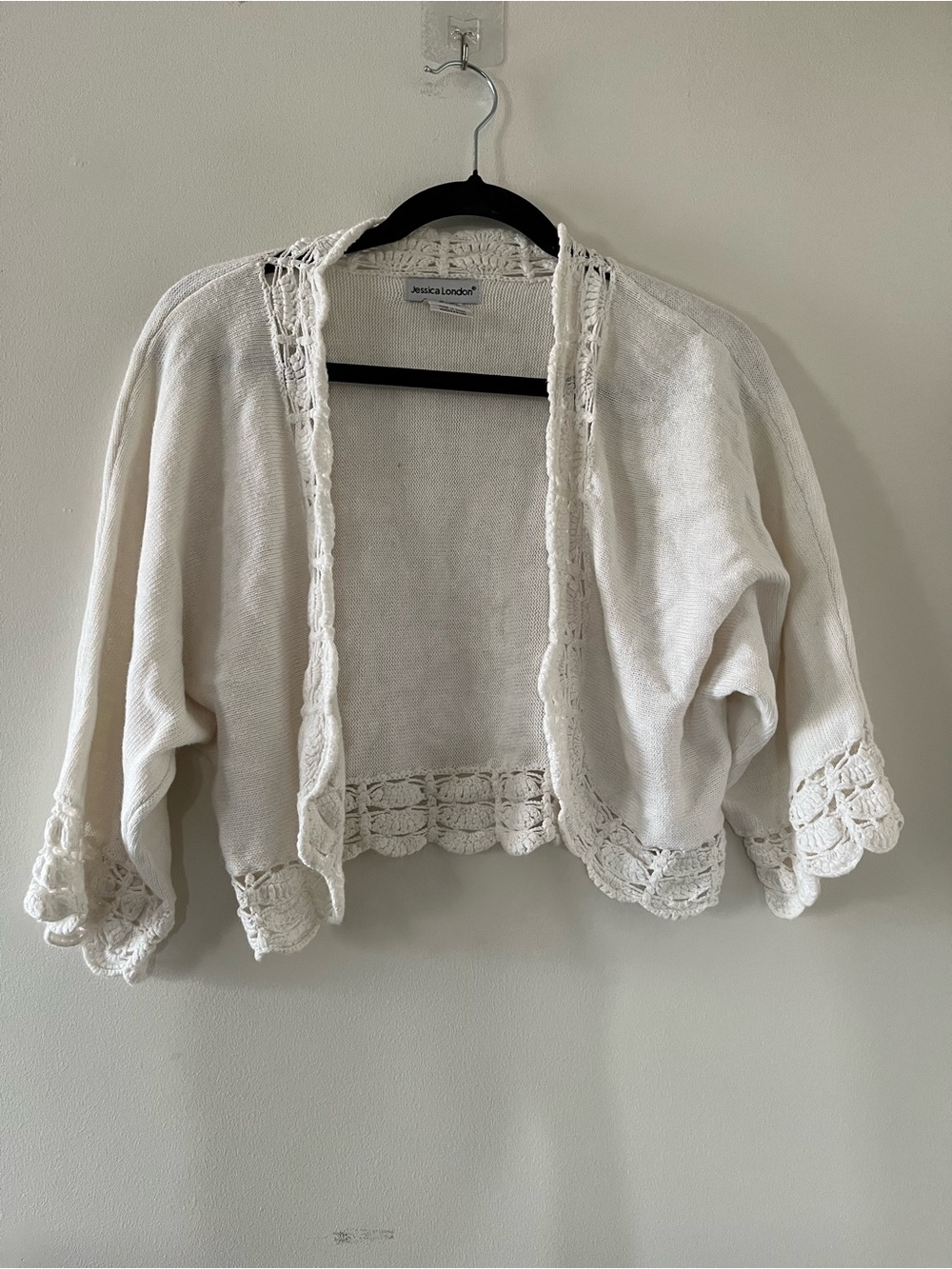 Vintage White Crochet Trim Open Front Bolero Cardigan 14 16 Cottagecore Bridal
